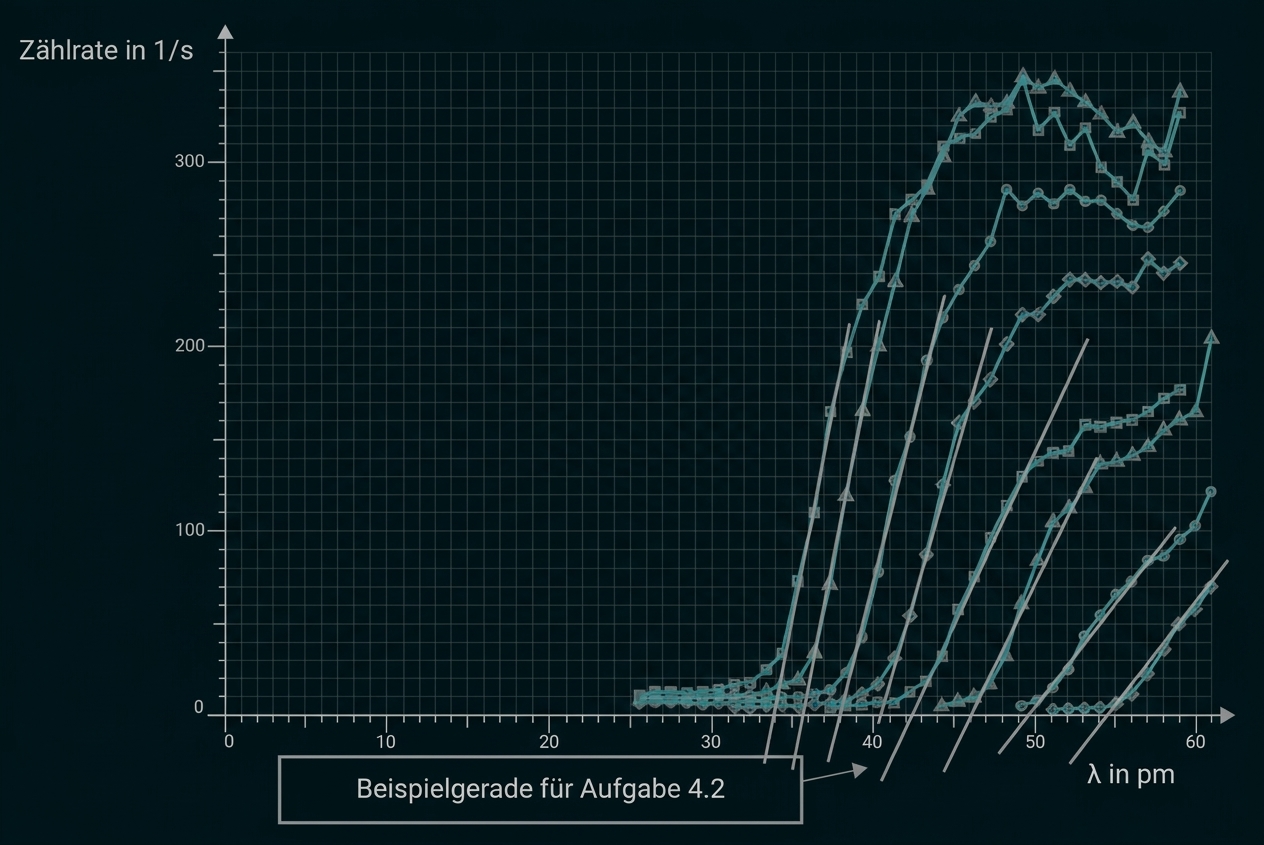 Mehrere Messkurven auf Gitterdiagramm, Zählrate (1/s) gegen Wellenlänge λ (pm), mit Beschriftung "Beispielgerade für Aufgabe 4.2"